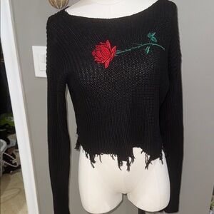 Black cropped Sweater with Red Rose Embroidery